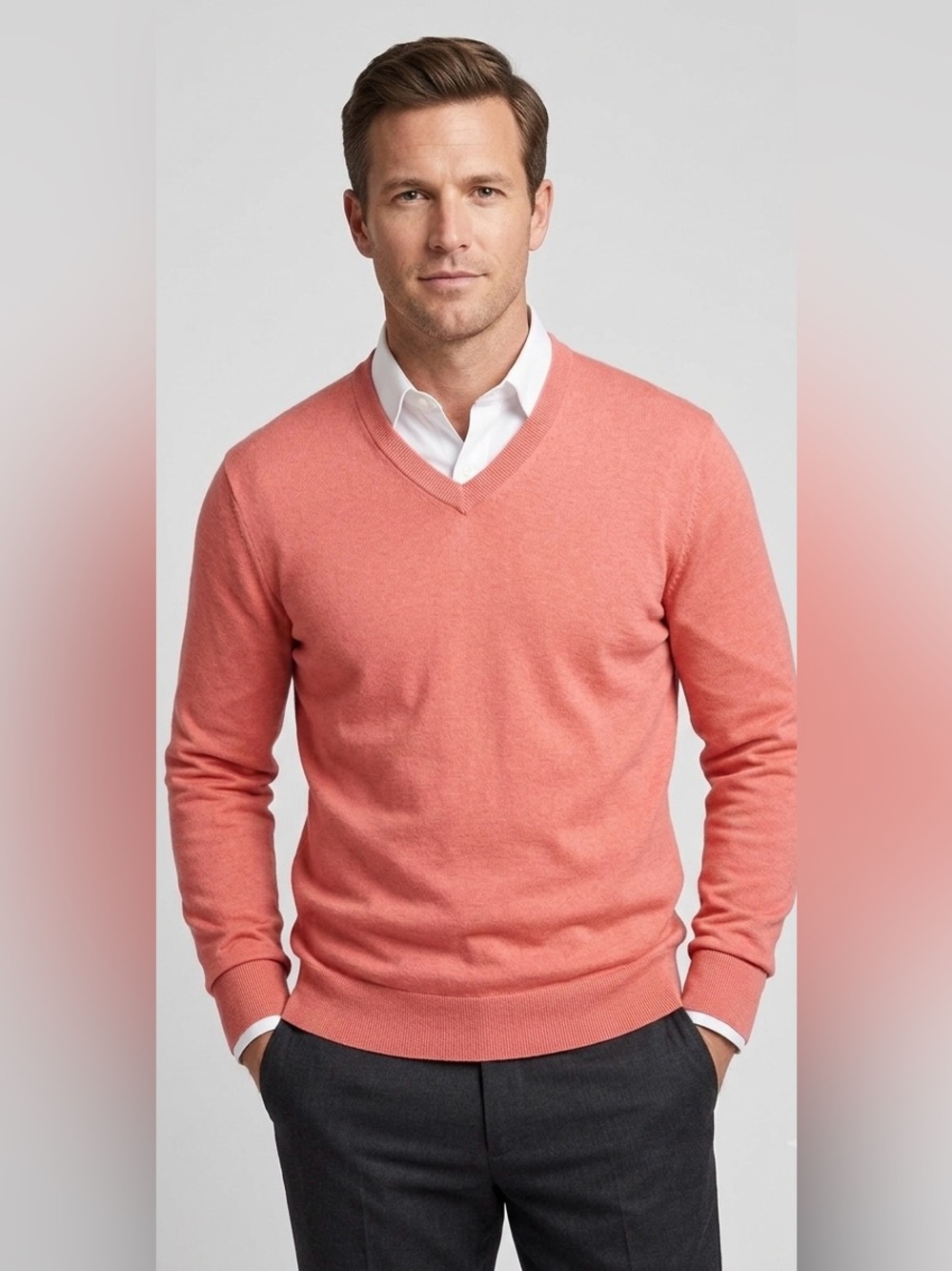 Brooks Brothers Men’s Coral Pink Cotton V-Neck Sweater Size S professional look